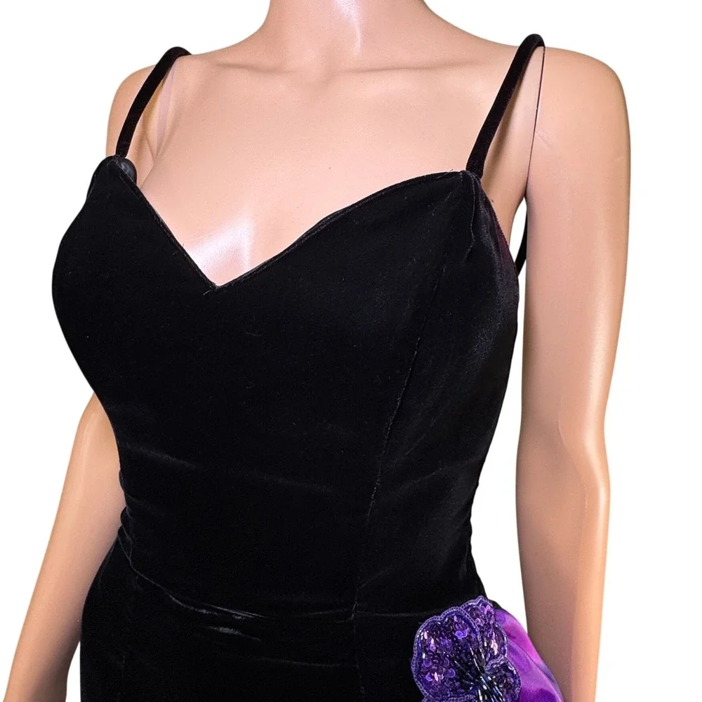 Vintage New Leaf 80s Black Velvet Purple Ruffle Beaded Floral Cocktail Dress 4 - Picture 2 of 10